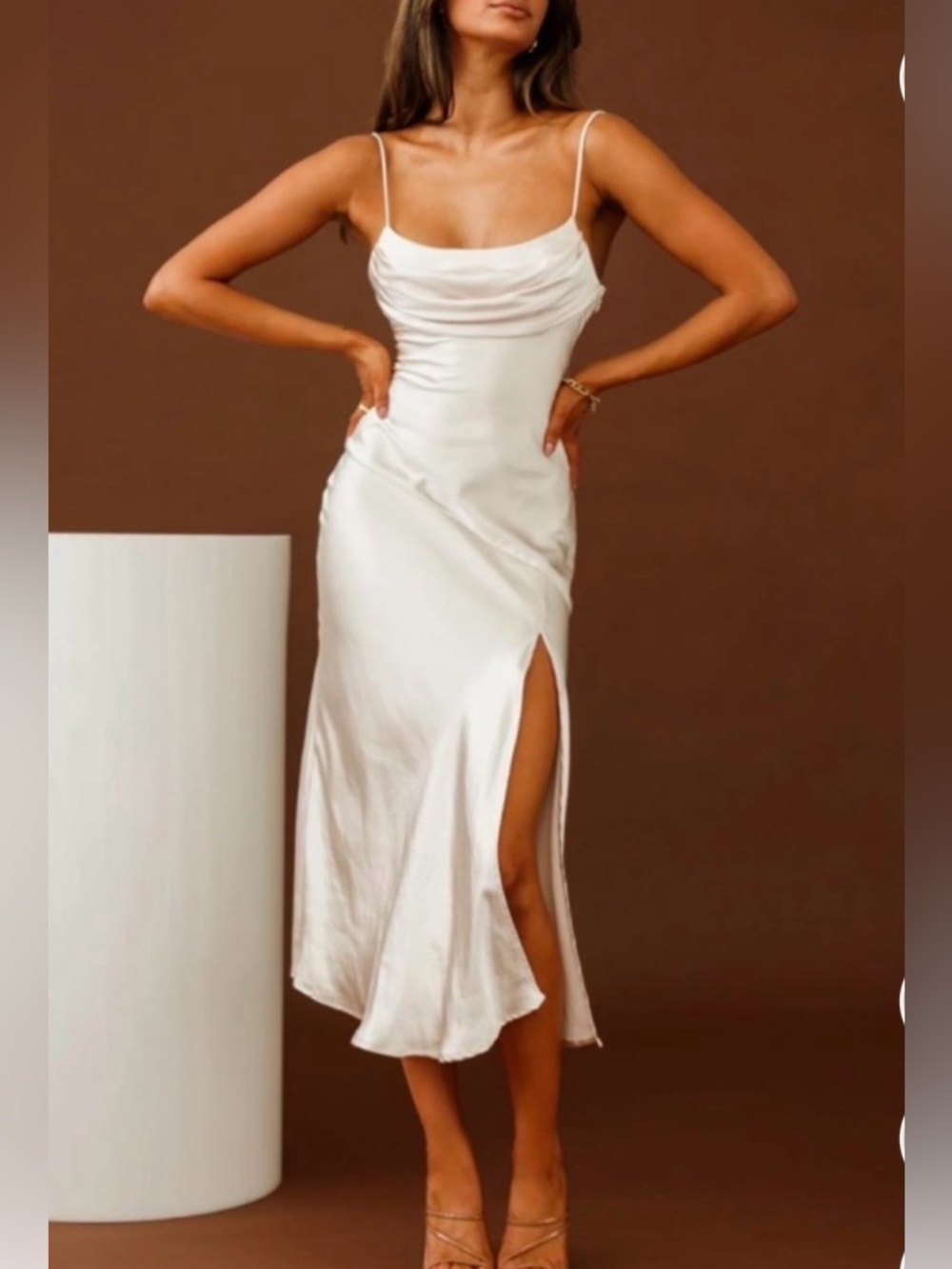Stunning Selfie Leslie Champagne/ Ivory Satin Midi Dress with Side Slit